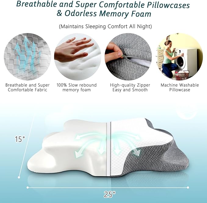 CHxxy Cervical Neck Pillow for Pain Relief Sleeping, Memory Foam Pillows, Ergonomic Side Sleeper Pillows, Cooling Orthopedic Neck Support Pillow for Back Stomach Sleepers-Queen Size White&Grey