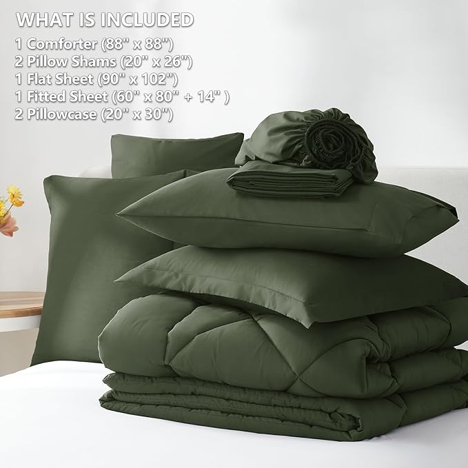 CozyLux Queen Comforter Set Dark Green - Bed in a Bag Queen Size 7 Pieces, Luxury Soft Bed Set for All Seasons, Bedding Set with Down Alternative Comforter, Sheets, Pillowcases & Shams