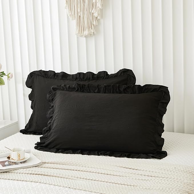 Black Pillowcases King Pillowcases Ruffled Pillow Shams Set of 2 Cute Pillowcases Solid Ruffled Fringe Design Shabby Chic 2 Pack (King (20''x36''), Black)