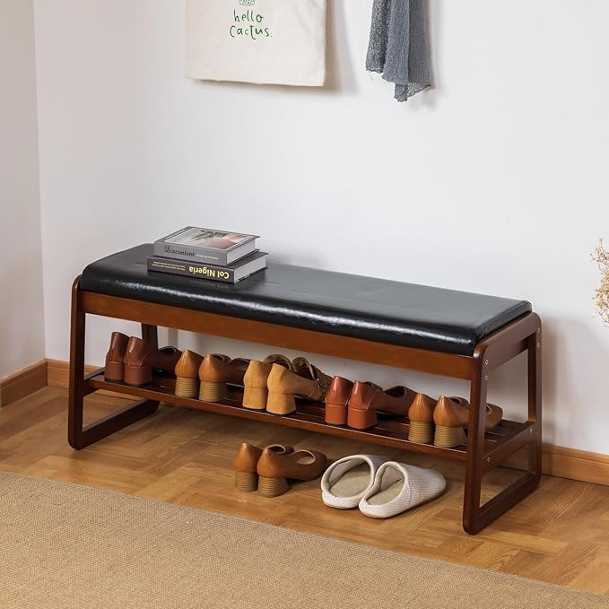 SOBIBO Shoe Bench with Storage - 2-Tier Entryway Bench, Solid Wood Shoe Rack with Cushion & Flip-Open Box, Mid-Century Modern for Hallway, Mudroom, Bedroom (Black, 39.4'')