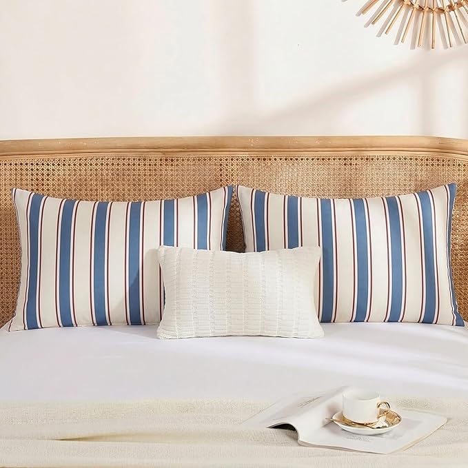 Merryword White and Blue Striped Pillowcases, 100% Cotton Pillow Cases, King Size Pillowcases, Luxury Linen Like Pillowcase, Soft Breathable Stripe Pillow Covers, Set of 2