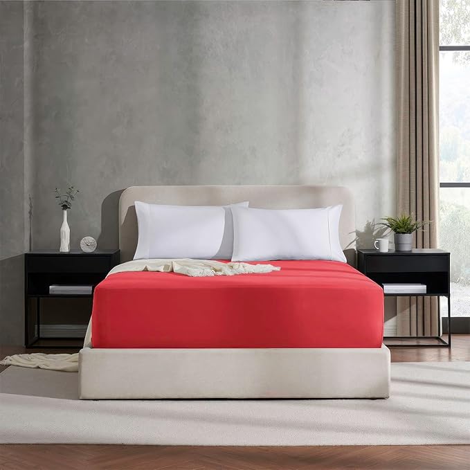 Nestl Red Extra Deep Pocket Fitted Sheet Queen, Hotel Luxury Queen Fitted Sheet Only Easily Fits 18 to 24 Inch Mattress, Super Soft, Wrinkle-Free, and Breathable Bottom Sheets with Corner Straps