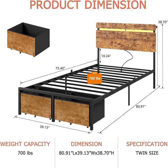 Forestell Twin Bed Frames with Wood Headboard, Metal Platform Bed with 2 Storage Drawers & Shelf, Built in Charging Station & LED Lights, No Box Spring Needed, Vintage Brown, Camas Twin Size