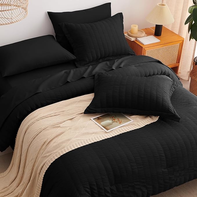 CozyLux Twin XL Comforter Set with Sheets Seersucker Black 5 Pieces Bed in a Bag, Twin Extra Long Luxury Soft Bedding Sets for College Dorm with Down Alternative Comforter, Sheets, Pillowcase & Sham