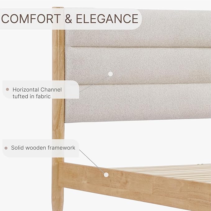 KISLOT Wood Bed Frame with Headboard Upholstered Platform Mattress Foundation,Strong Wooden Slat Support,No Box Spring Needed