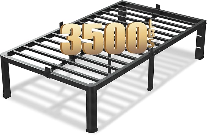 VIPSHOW 16 Inch Twin Size Bed Frame, 3500Lbs Heavy Duty Metal Platform with Round Corner Legs Mattress Slide Stopper, Steel Slat Support No Box Spring Needed, Noise Free, Non-Slip, Easy Assembly