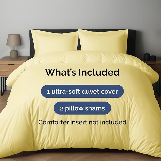 Duvet Cover Full Size Set - Extra Soft Full Duvet Cover 80" x 90" with 2 Pillow Shams - Hotel Luxury, Easy Care and Fade Free w/ Zipper Closures & Ties - All Season, Comfy, Cozy & Breathable (Yellow)