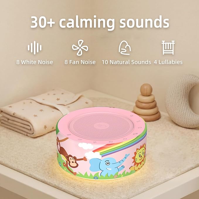 Kipcush White Noise Machine - Soft Non-Glare Nursery Lamp, 30 Soothing Sounds, 8 Color Lights, Max 8-Hour Timer for Baby & Adults (Rainbow Animal Monkey, Standard)