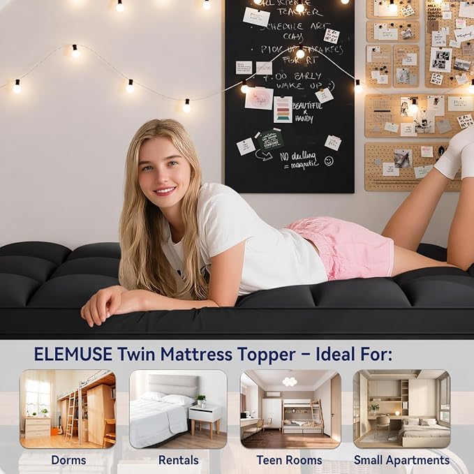 ELEMUSE Twin Black Mattress Topper for Back Pain, Extra Thick Mattress Pad Cover, Plush Soft Pillowtop with Elastic Deep Pocket, Overfilled Down Alternative Filling