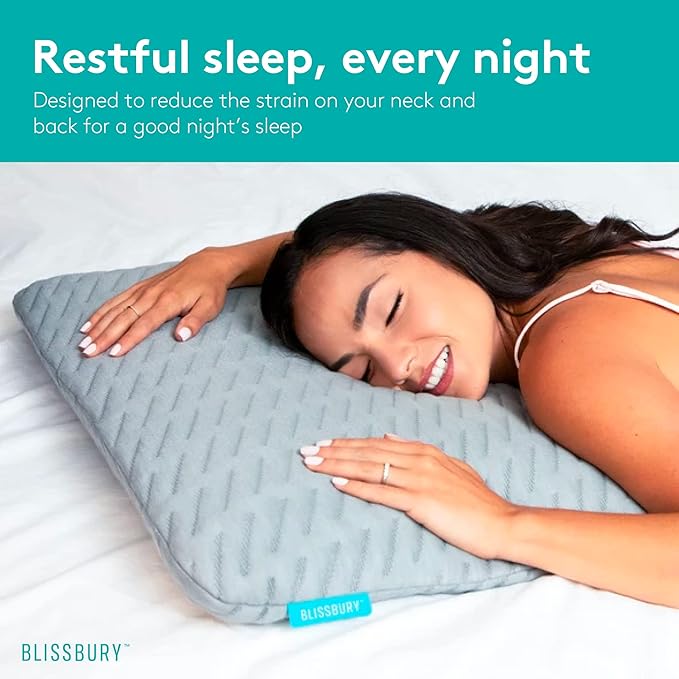BLISSBURY Stomach Sleeping Pillow - Thin Memory Foam Pillow for Stomach Sleepers | Ultra Thin Pillow for Sleeping | Flat & Slim to Allow for Comfort | 3.3 Inch Thickness