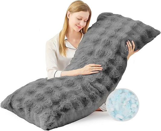 YZ HOME Faux Fur Fluffy Body Pillow for Adults - Firm Body Pillow Insert with Shredded Blue Memory Foam, Adjustable Height, Soft Support for Side Sleepers, Pregnant Women, Washable, 20x54 Inch (Grey)