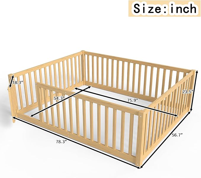 Bellemave Full Montessori Floor Bed with 23.5" High Rails, Pine,Plywood Full Floor Bed with Small Door, Natural