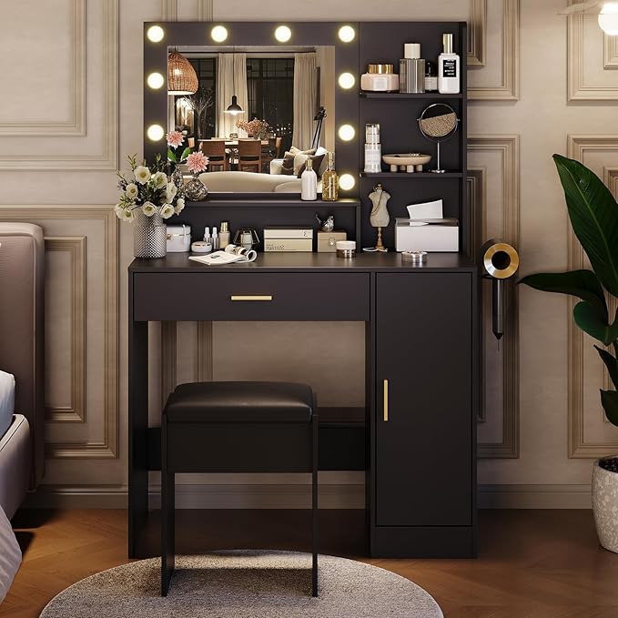 Garvee Vanity Desk with Mirror and Light, Makeup Dressing Table with Large Drawers and 3-Level Storage Dresser, 3 Lighting Modes Adjustable Brightness, Modern Vanity Set for Bedroom, Black