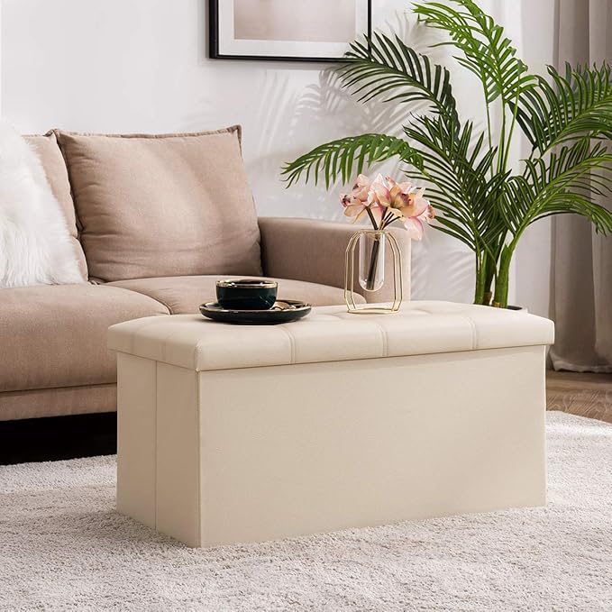 YOUDENOVA Folding Storage Ottoman, Faux Leather Ottoman Bench Footrest Ottoman, Storage Chest Padded Seat for Bedroom and Living Room, Beige,15" D x 30" W x 15" H