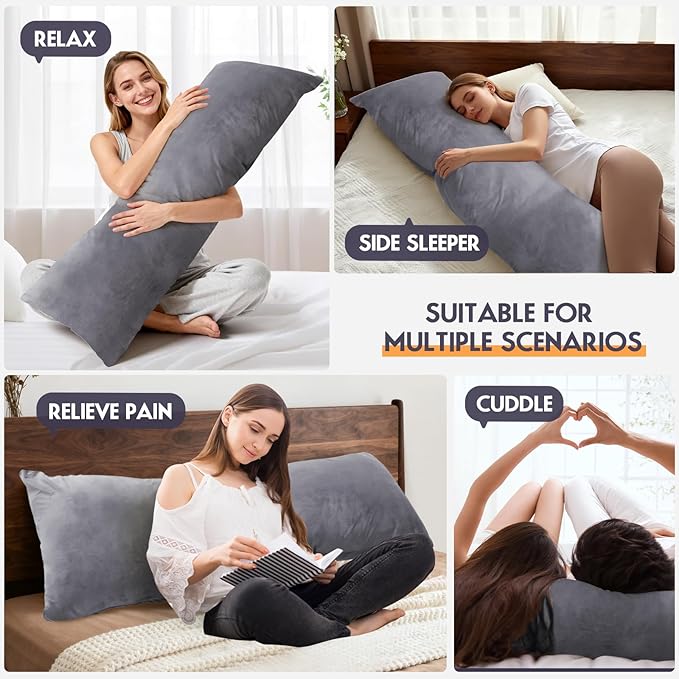 Body Pillow for Adults with Removable Pillowcase，Memory Foam Full Body Pillows for Side Sleepers, Back Pain, Pregnancy, Large Long Pillow Fluffy with Cover for Bed,20x54 Inch, Grey