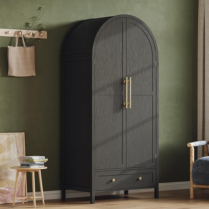 VINGLI Arched Wardrobe Closet Armoire with Doors and Drawer, 70" Tall Wooden Wardrobe Cabinet,Clothing Storage Cabinet, Large Capacity Storage, Black