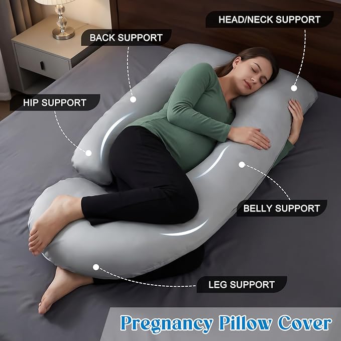 Hahafelt Cooling Pregnancy Pillow Cover (Only Pillowcase) 59 Inch Large J Shaped Full Body Pillowcase Maternity Stretchy Soft Breathable Cool Pillow Cover with Zipper for Side Sleeper (Gray)