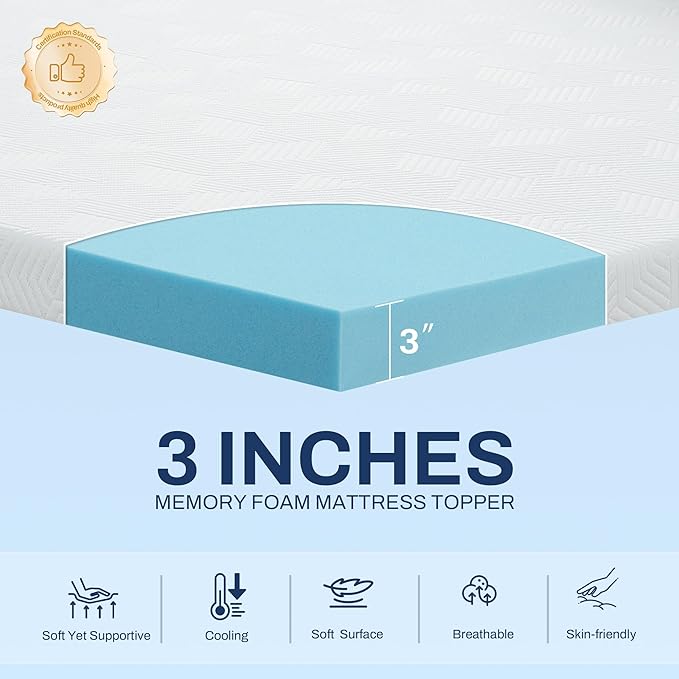 GRUSIGN 3 Inch Queen Memory Foam Mattress Topper with Adjustable Straps, Premium Soft & Supportive Topper, Breathable Gel Foam Bed Topper, Non-Slip Design, Removable & Washable Cover, 60" x 80", Queen