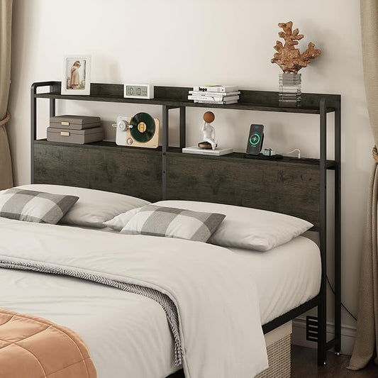 METYERRY Headboard for Queen Size Bed Frame with Storage, Height Adjustable, Headboards with Outlets, USB Ports, Type-C, LED Light, Sturdy and Stable Headboard, Black Oak,Bed Frame NOT Included
