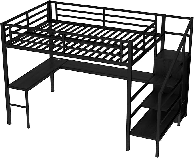 Queen Size Loft Bed with Desk and Wardrobe, Metal Heavy Duty Loft Bed with Storage Stairs, LED Lights, USB Port, LoftBed Frames for Kids, Junior, Space Saving, Noise Free (Black, Queen)