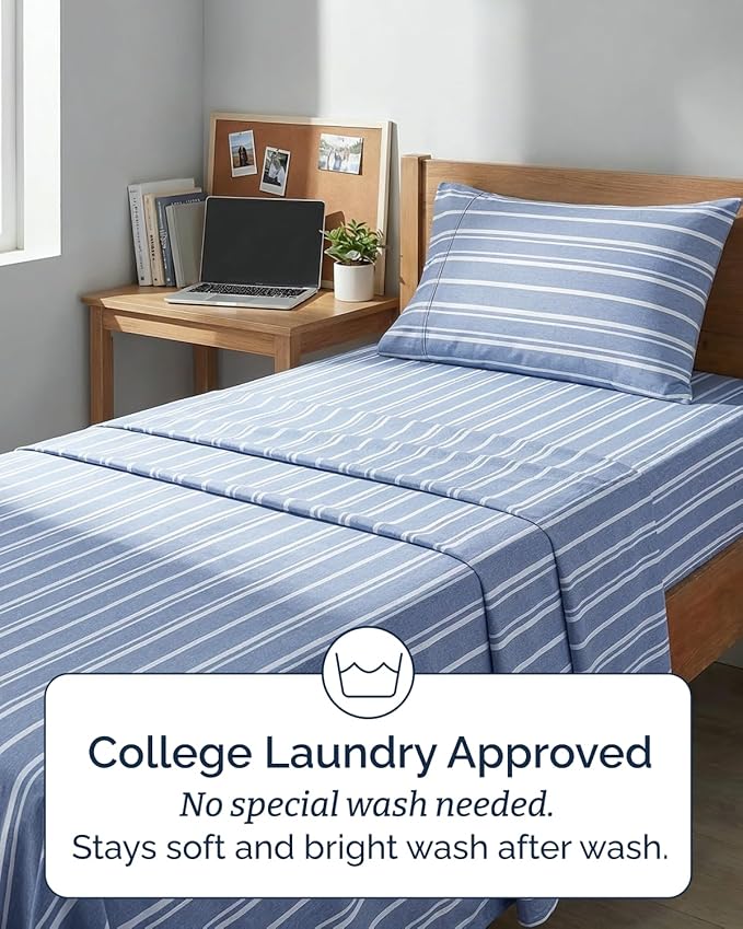 Twin XL 4 Piece Sheet Set - Comfy, Breathable & Cooling - Soft Hotel Luxury Bedding for Women, Men, Kids, Teens & Children - 1 Flat & 1 Fitted Sheet & 2 Pillowcases w/ Deep Pockets - Blue Stripes 3