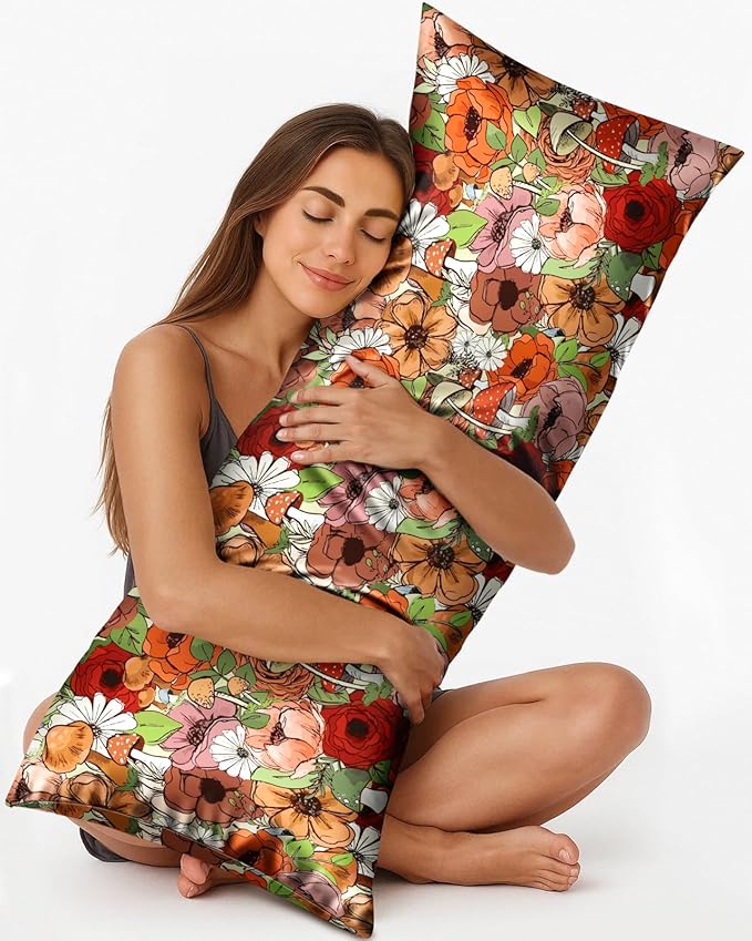 Miss Adola Silk Body Pillow Cover with Zipper - 20x54 Inch Silk Long Pillow Case for Women Ladies Adults Soft Bed Decorative Cute Boho Large Body Pillowcase Sham for Hair and Skin, Flower Mogu