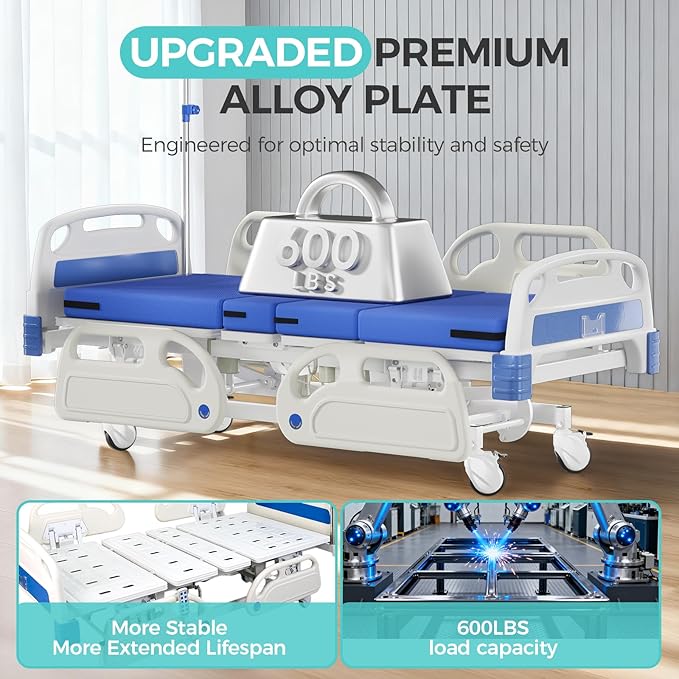 5 Function 600LBS Full Electric Hospital Bed, Beds for Home Use, Special Needs Medical Bed for Seniors with Mattress, Adjustable Hospital, Frame IV Pole, Medical Equipment Beds