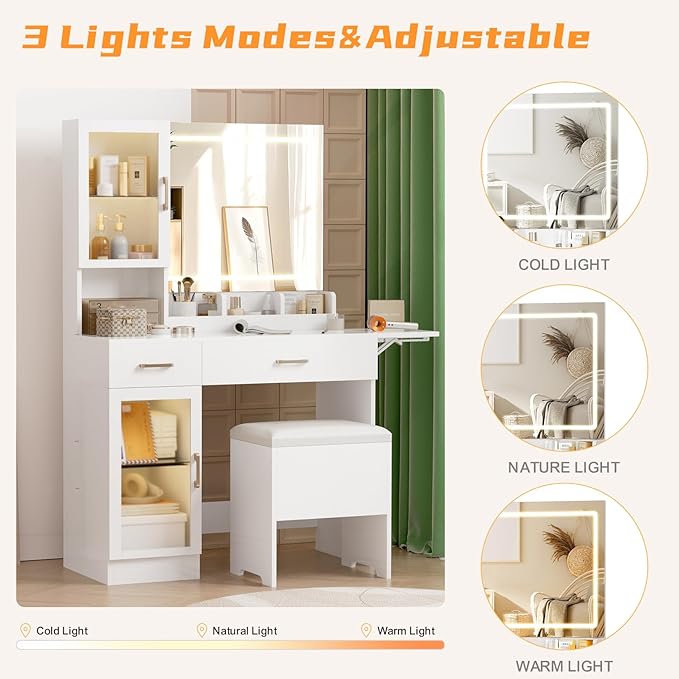KAMABOKO Vanity Desk with Mirror, LED Lights and Power Outlet, Makeup Vanity Table with Cabinet and 2 Drawers, Dressing Table with Stools for Bedroom (White)