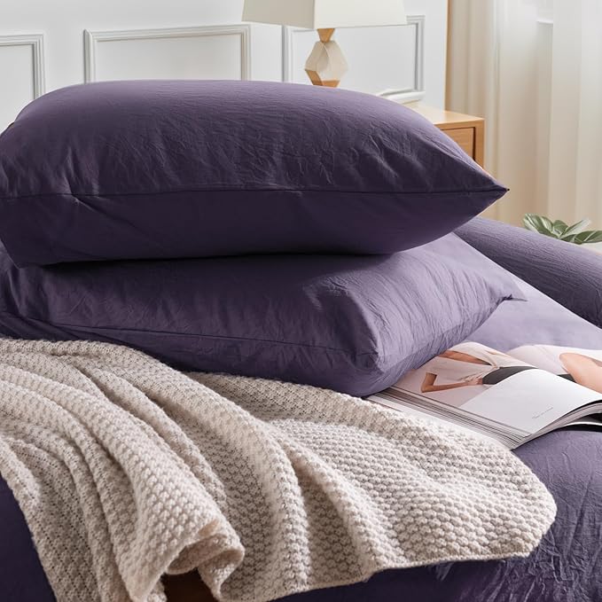 NEXHOME PRO 100% Washed Cotton Duvet Cover Queen Size, Ogranic Natural Linen Feel Breathable Bedding Set with Zipper Closure, 3 Pieces Duvet Cover Set Eggplant (No Comfortert) 9090