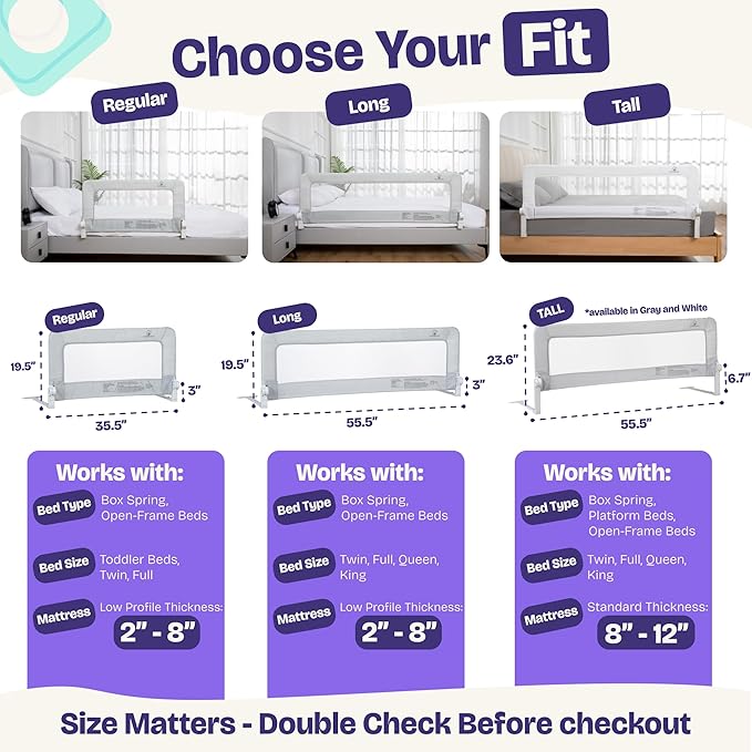ComfyBumpy 1-Pack Bed Rail for Toddlers 35.5" L x 19.5" H | Toddler Bed Rails for Twin, Full & Toddler Bed Size | Swing Down Bed Rail Guard | Baby Bed Side Rail for Kids | Gray