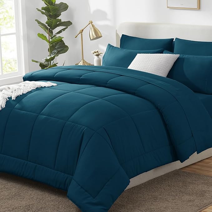 CozyLux Queen Comforter Set Lyons Blue, 7 Pieces Bed in a Bag, Blue Comforters Queen Size, All Season Bedding Sets with Stitch Quilted Comforter, Flat Sheet, Fitted Sheet, Pillowcases