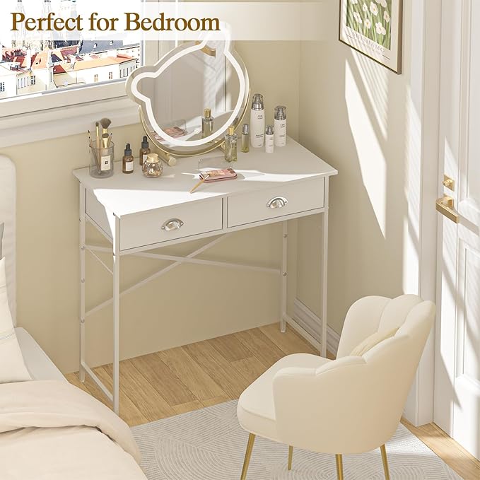ThreeHio Small Vanity Desk No Mirror for Kids Bedroom, 31.5 Inch Vanity Table with Drawers, Makeup Vanity Desk for Narrow Spaces, White Dreessing Table(No Mirror)