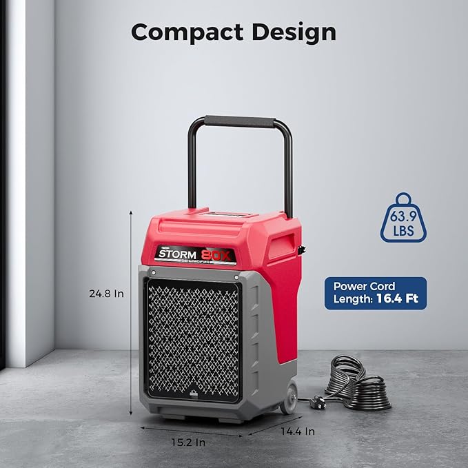 ALORAIR 170 PPD Commercial Dehumidifier with Pump & Drain Hose, LGR Industrial Use, Portable Dehumidifier with Wheels for Water Damage Restore, Carpet Drying, 6-Year Limited Warranty, Storm 80X (Red)