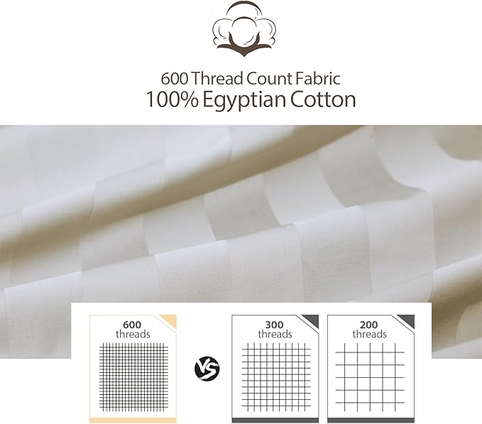 2-Pack Pure Cotton Fitted Sheet Queen Size, 600 Thread Count 16" Deep Pocket Egyptian Cotton Fitted Sheet (2pcs, Queen, Stripted Light Beige)