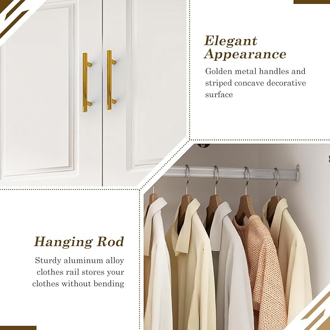 Hlivelood Large Armoire Wardrobe Closet Cabinet with Drawers and LED Lights, Multi-Tier Shelves, Hanging Rod, Large Capacity Storage 3 Door Wardrobe Armoire with Top Cabinet for Bedroom, White