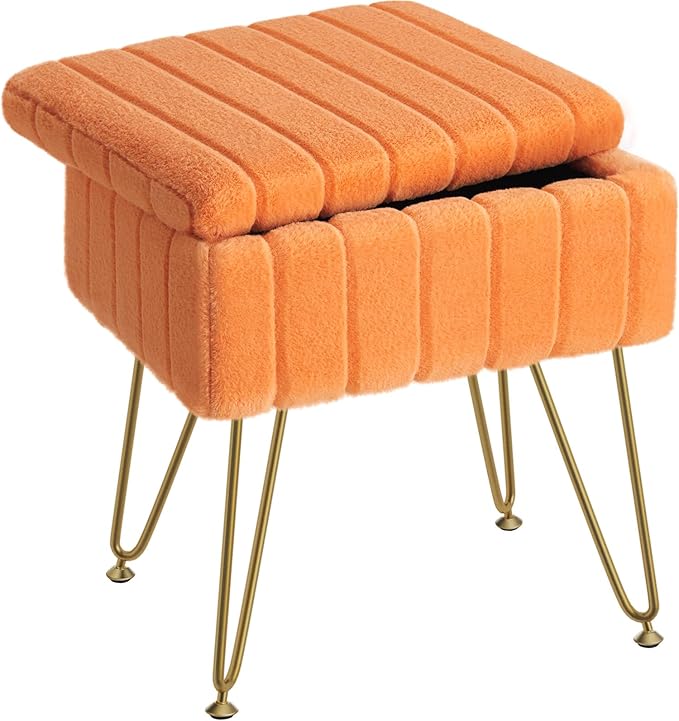 Greenstell Vanity Stool Chair Faux Fur with Storage, 15.7"L x 11.8"W x 19.4"H Soft Ottoman 4 Metal Legs with Anti-Slip Feet, Furry Padded Seat, Modern Multifunctional Chairs for Makeup, Bedroom,Orange