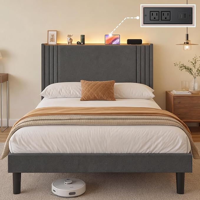 Gizoon Full Bed Frame with Charging Station and LED Lights,Upholstered Wingback Platform Bed with Wooden Slats,Noise-Free,No Box Spring Needed