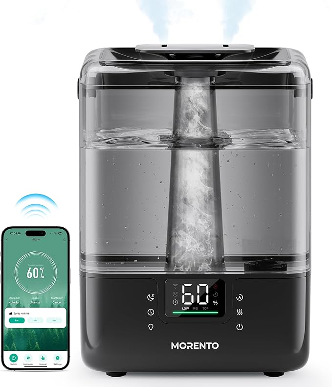 MERONTE Smart Humidifiers for Bedroom Large Room Home, 6L Cool Mist Top Fill Humidifier with Essential Oil Diffuser, Smart App & Voice Control, for Nursery & Plants, Black, 1 Pack + 7 Color NightLight
