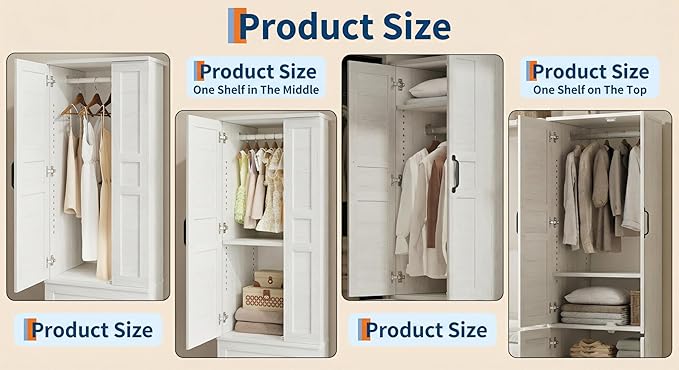 IDEALHOUSE Armoire Wardrobe Closet with 4 Doors, 72" Tall Wooden Clothing Wardrobe with Hanging Rod & DIY Adjustable Shelf, Heavy Duty Bedroom Armoire Storage Cabinet, Rustic White