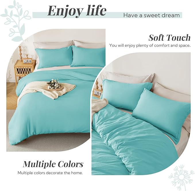 MILDLY Super Soft Duvet Cover - 100% Washed Microfiber Aqua Blue Comforter Cover Set 3 Pieces with Zipper Closure & Corner Ties (No Comforter)