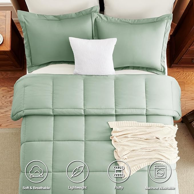 CozyLux Queen Comforter Set - 270GSM Sage Green Bedding Sets for All Seasons, 3 Pieces Box Stitched Bed Set with 1 Down Alternative Comforter and 2 Pillow Shams, Soft, Lightweight, Breathable