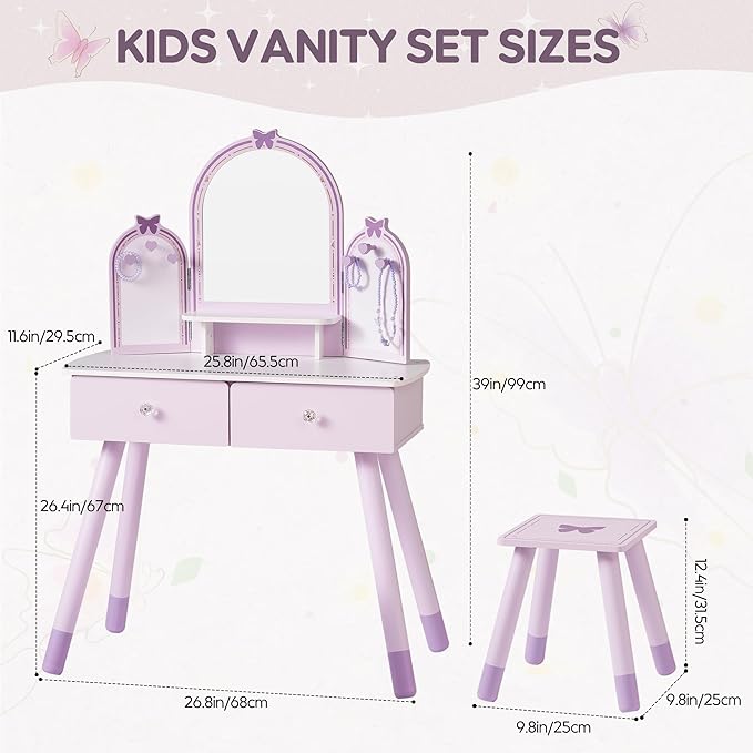 ROBOTIME Purple Kids Vanity Set, Makeup Vanity Desk with Mirror, Chair and Storage Drawers, Little Girl Dressing Table with Stool for Toddlers Ages 3+