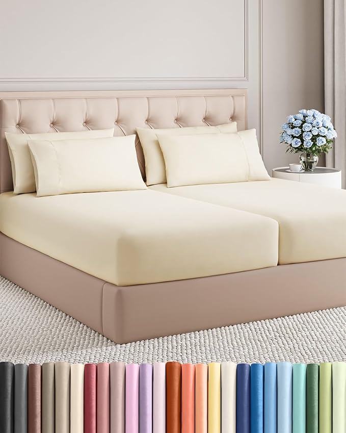 Split King 7 Piece Sheet Set - Comfy, Breathable & Cooling - Soft Hotel Luxury Bedding for Women, Men, Kids, Teens and Children - 1 Flat & 2 Fitted Sheets & 4 Pillowcases with Deep Pockets - Off White
