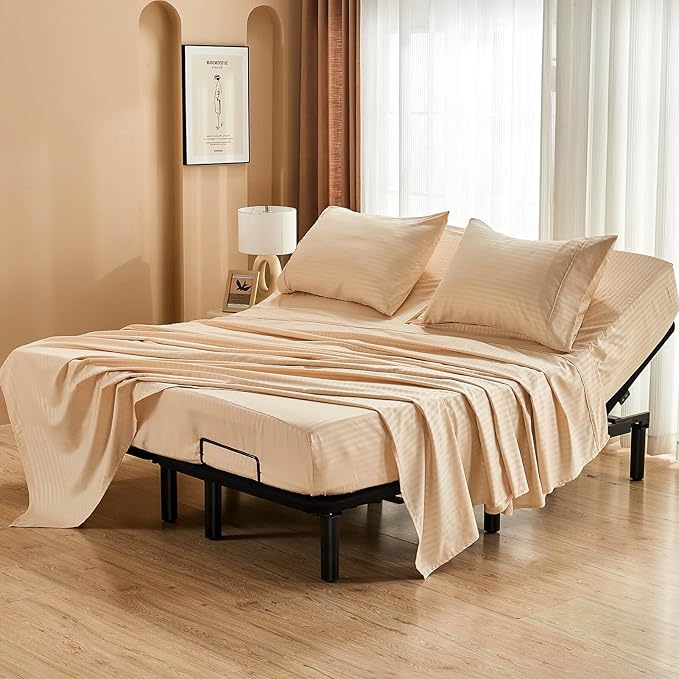 Kingnex Striped Split Top California King Sheets Sets for Adjustable Bed 4 Pieces Include 1 Flex Head Fitted Cal King Sheet 1 Flat Sheet 2 King Size Pillowcases Beige