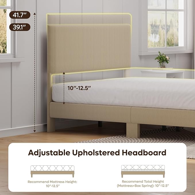 Bestier Full Size Bed Frame with Adjustable Headboard,LED Lighting,Vertical Channel Tufted Corduroy Upholstered, Solid Wooden Slats Support,No Box Spring Needed,Never Squeaks,Easy Assembly, Taupe