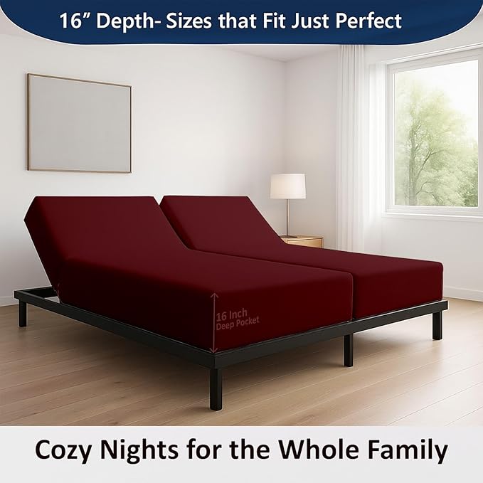 Split King Sheets for Adjustable Bed,Sheets for Adjustable Bed,Twin XL Fitted Sheets for Adjustable Bed Split King,Split King XL Sheets,Sheets for King Size Split Bed-16 Drop (5 PCs)(Burgundy Solid)