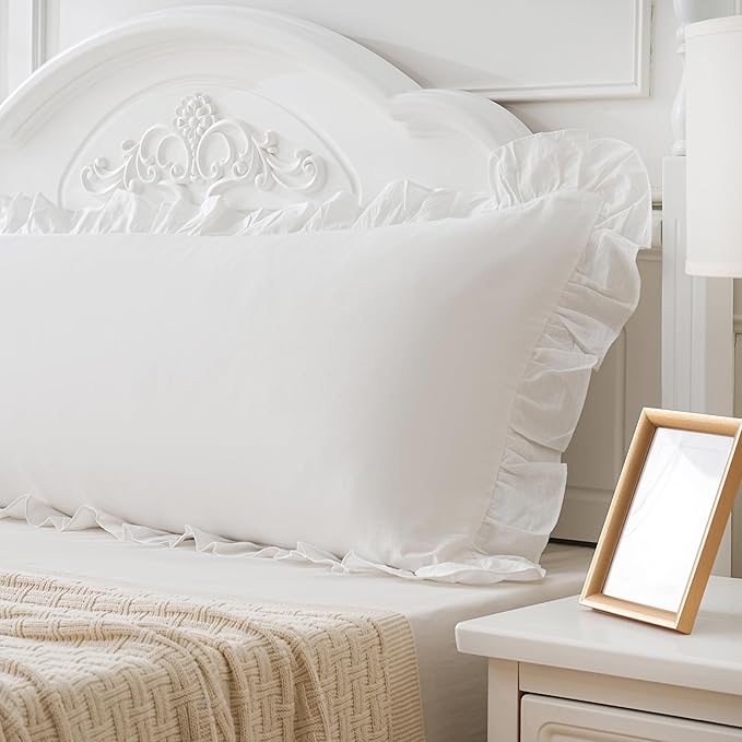 Off White Ruffled Body Pillow Cover 1 Piece Washed Cotton Farmhouse Shabby Long Body Pillow Sham 20"x54" White