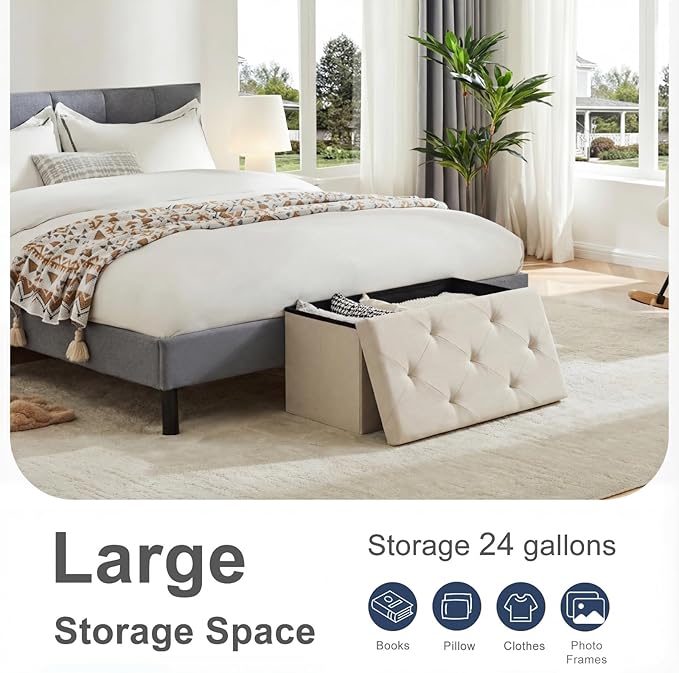 DUMOS 30in Storage Ottoman Bench, Foot Rest Stool Load 350Lbs,Storage Chest with Padded Seat, End of Bed Bedroom Bench for Living Room,Bedroom, Entryway Beige