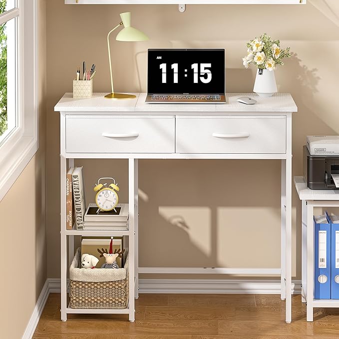 ThreeHio Small Writing Desk with 2 Drawers, White Computer Desk with Storage Shelf, Home Kids Study Table for Small Spaces, Simple Desk for Bedroom, Home Office, Living Room, Dorm, Vanity Desk, White
