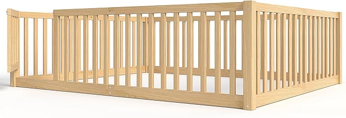 Bellemave Queen Size Montessori Floor Bed with 23.5" High Rails, Pine,Plywood Queen Floor Bed with Small Door, Natural